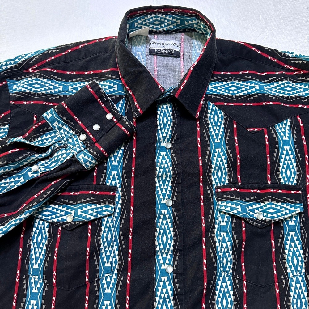 Vintage Karman Western Pearl Snap Shirt XL Aztec Southwestern Cowboy Rockabilly